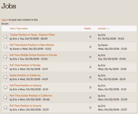 A screen shot of the "Jobs" page on GuitarCurriculum.com
